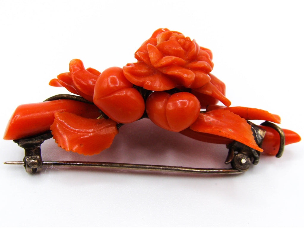 antique coral, natural coral, undyed coral, dark red coral, blood red coral, Italian coral, pacific coral, Sardinian Coral, red coral, sea coral, Mediterranean coral, Mediterranean brooch, coral brooch, handcarved, aka red, sterling silver