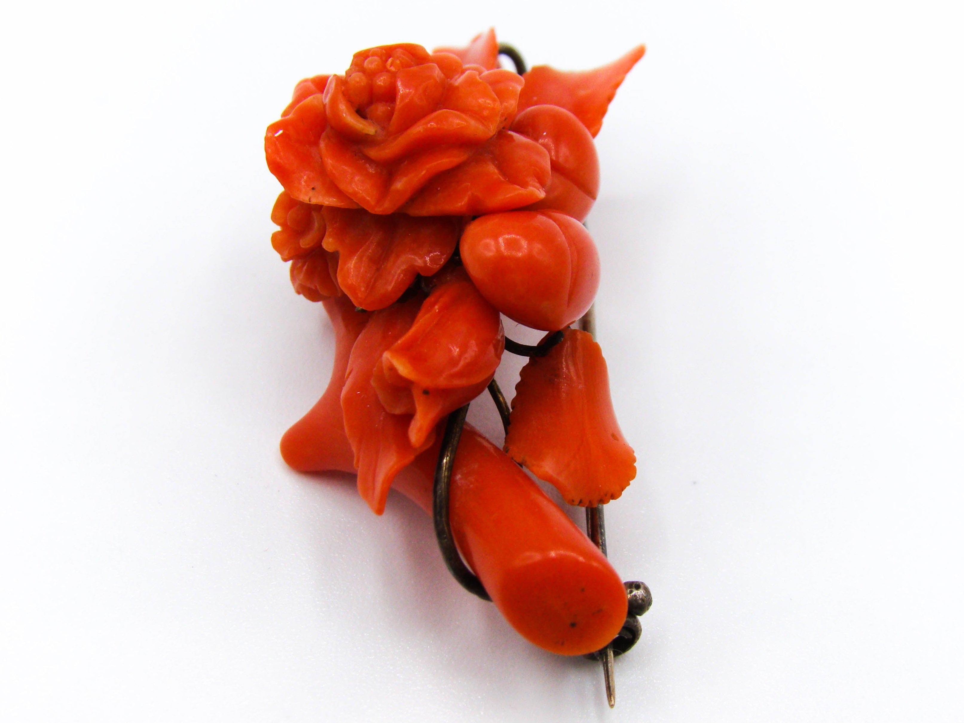 antique coral, natural coral, undyed coral, dark red coral, blood red coral, Italian coral, pacific coral, Sardinian Coral, red coral, sea coral, Mediterranean coral, Mediterranean brooch, coral brooch, handcarved, aka red, sterling silver