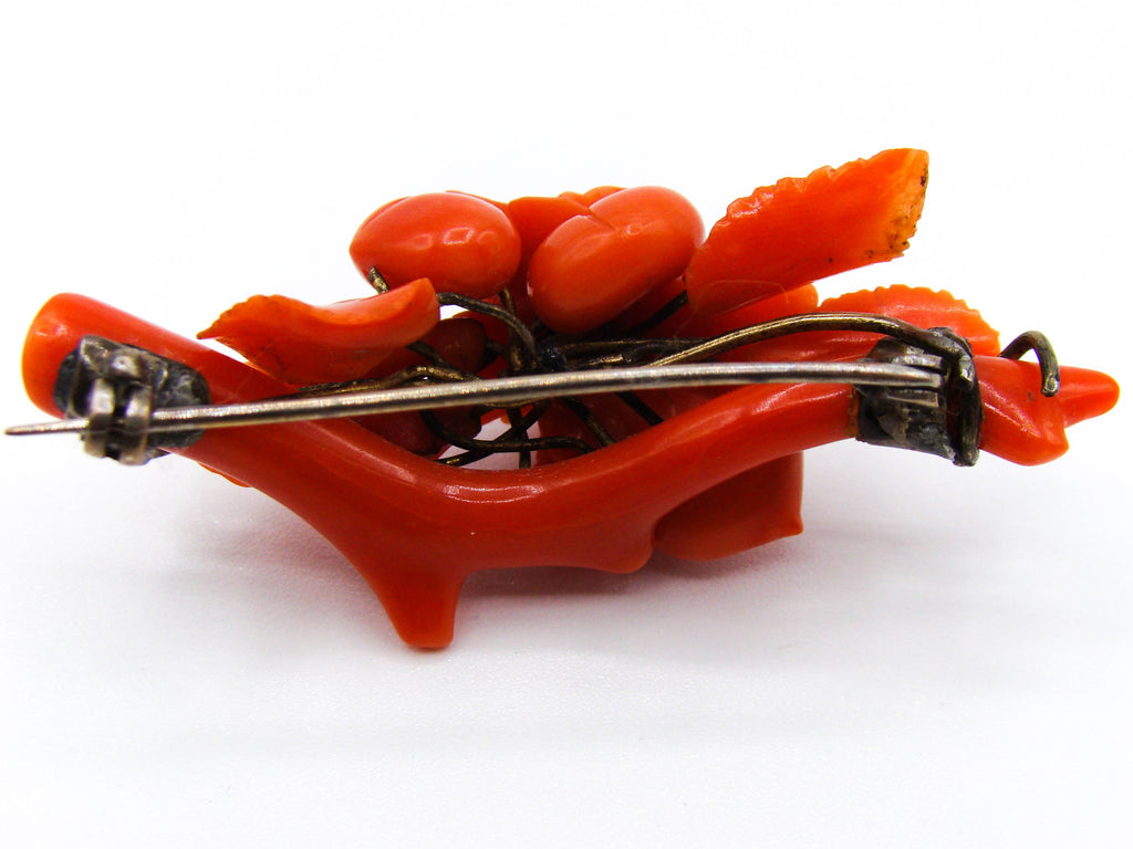 antique coral, natural coral, undyed coral, dark red coral, blood red coral, Italian coral, pacific coral, Sardinian Coral, red coral, sea coral, Mediterranean coral, Mediterranean brooch, coral brooch, handcarved, aka red, sterling silver