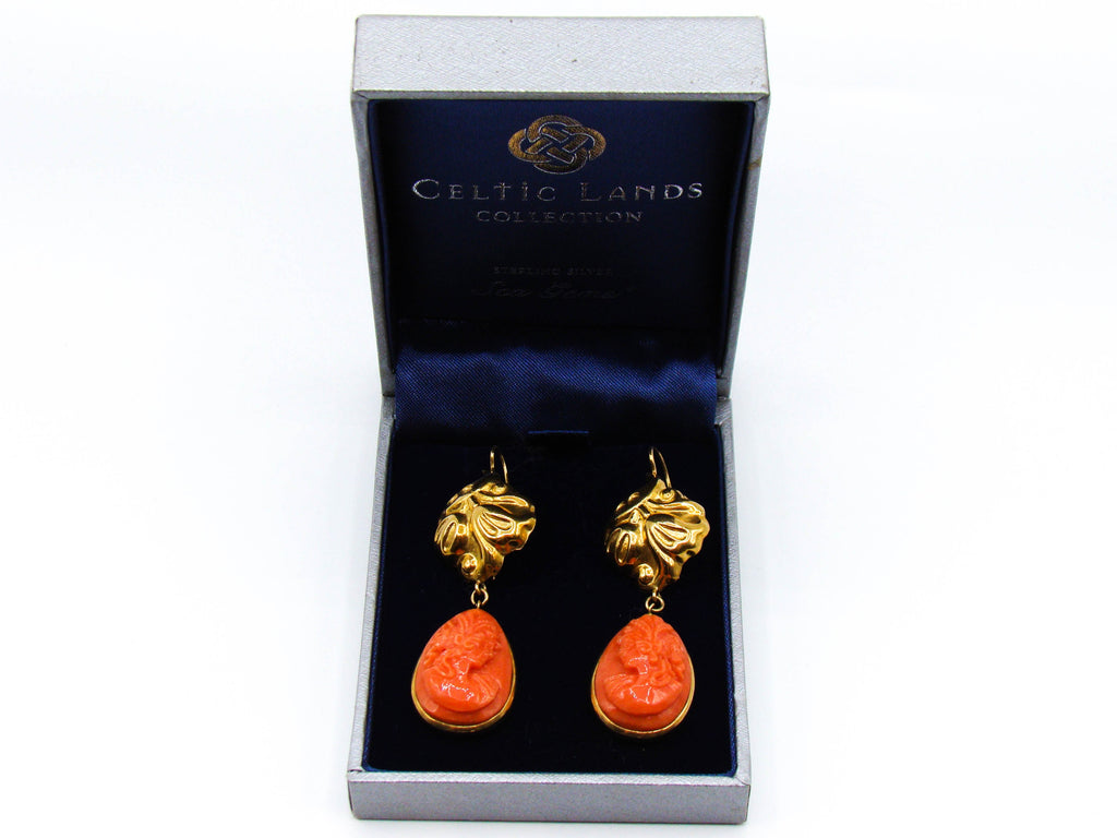 antique coral, natural coral, undyed coral, dark orange coral, Italian coral, pacific coral, Sardinian Coral, sea coral, Mediterranean coral, Mediterranean orange, handcarved coral, orange coral, 18 karat gold, coral earrings, coral cameo