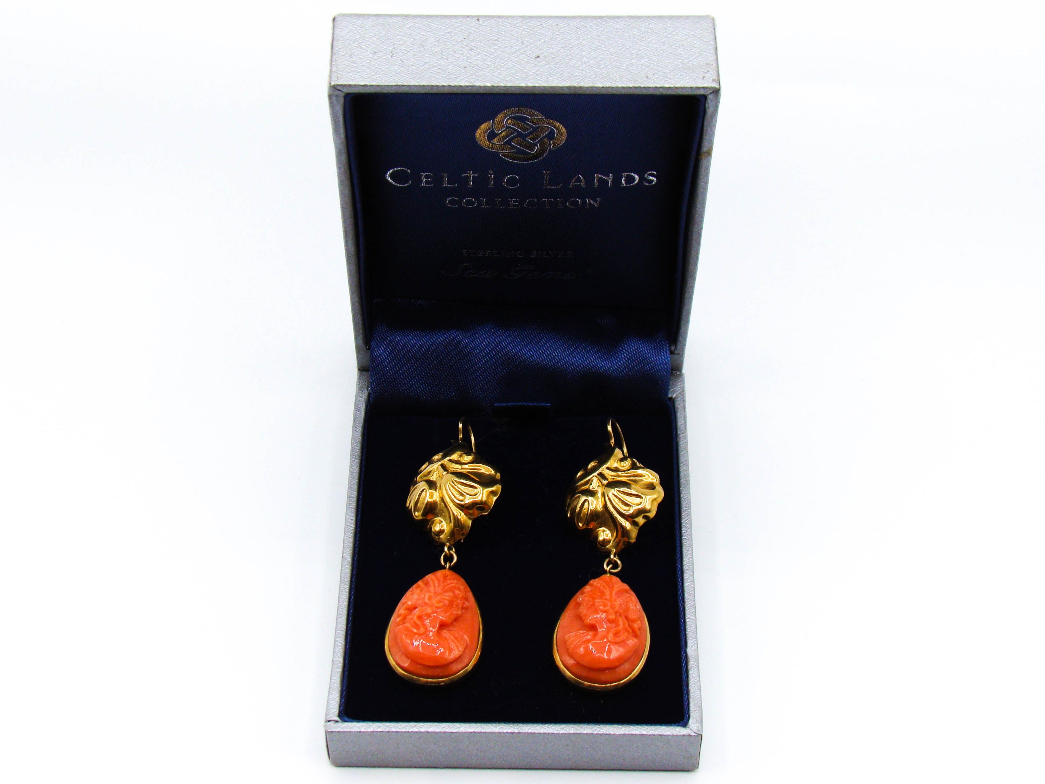 antique coral, natural coral, undyed coral, dark orange coral, Italian coral, pacific coral, Sardinian Coral, sea coral, Mediterranean coral, Mediterranean orange, handcarved coral, orange coral, 18 karat gold, coral earrings, coral cameo