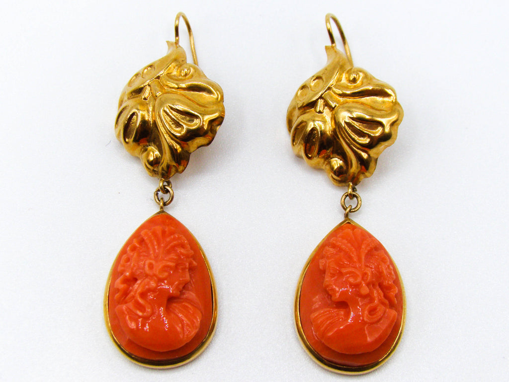 antique coral, natural coral, undyed coral, dark orange coral, Italian coral, pacific coral, Sardinian Coral, sea coral, Mediterranean coral, Mediterranean orange, handcarved coral, orange coral, 18 karat gold, coral earrings, coral cameo