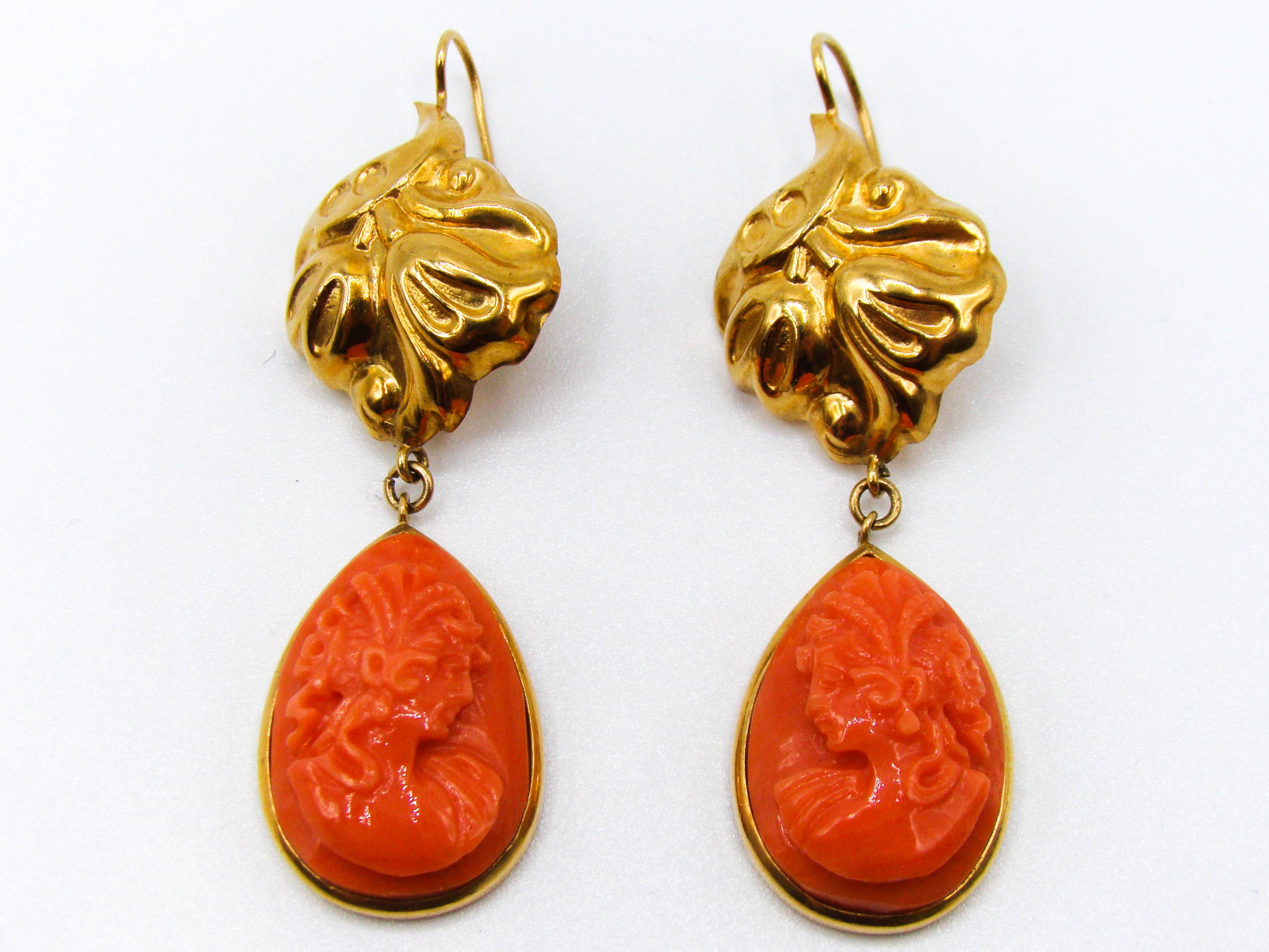 antique coral, natural coral, undyed coral, dark orange coral, Italian coral, pacific coral, Sardinian Coral, sea coral, Mediterranean coral, Mediterranean orange, handcarved coral, orange coral, 18 karat gold, coral earrings, coral cameo