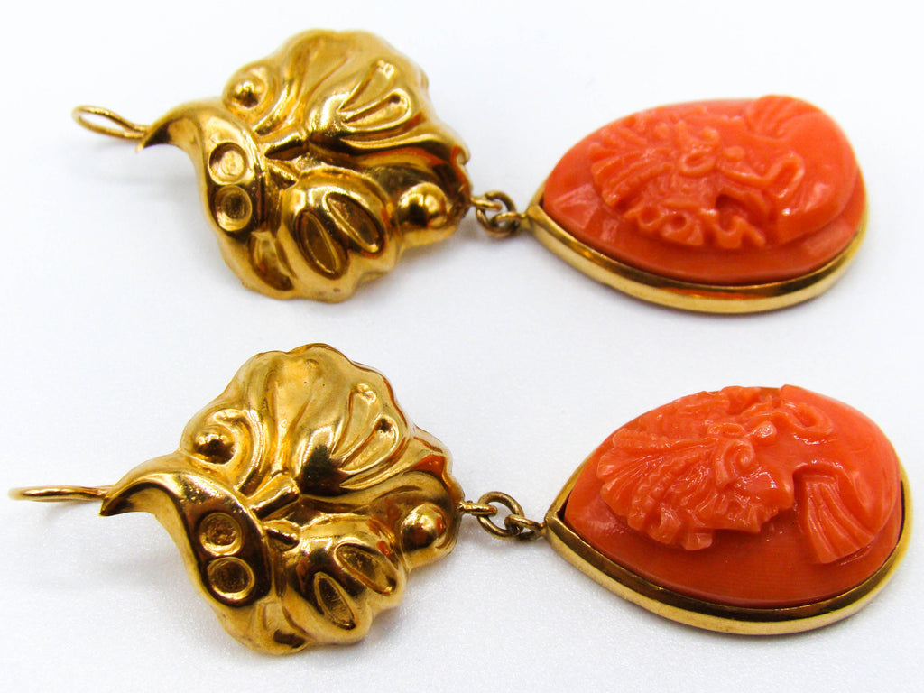 antique coral, natural coral, undyed coral, dark orange coral, Italian coral, pacific coral, Sardinian Coral, sea coral, Mediterranean coral, Mediterranean orange, handcarved coral, orange coral, 18 karat gold, coral earrings, coral cameo