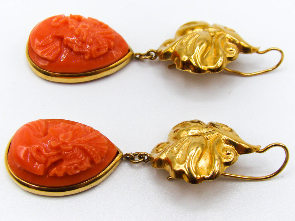 antique coral, natural coral, undyed coral, dark orange coral, Italian coral, pacific coral, Sardinian Coral, sea coral, Mediterranean coral, Mediterranean orange, handcarved coral, orange coral, 18 karat gold, coral earrings, coral cameo