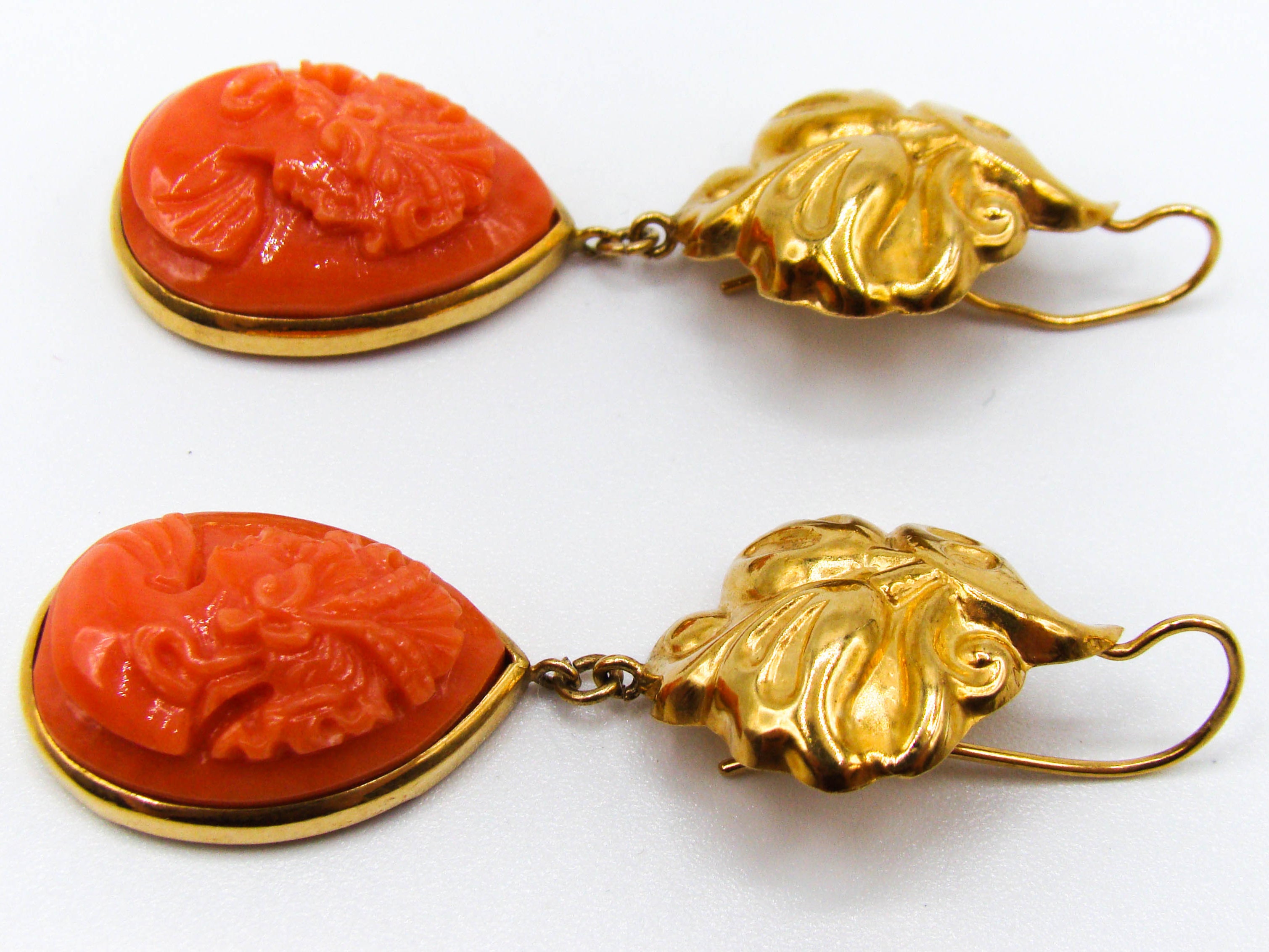antique coral, natural coral, undyed coral, dark orange coral, Italian coral, pacific coral, Sardinian Coral, sea coral, Mediterranean coral, Mediterranean orange, handcarved coral, orange coral, 18 karat gold, coral earrings, coral cameo