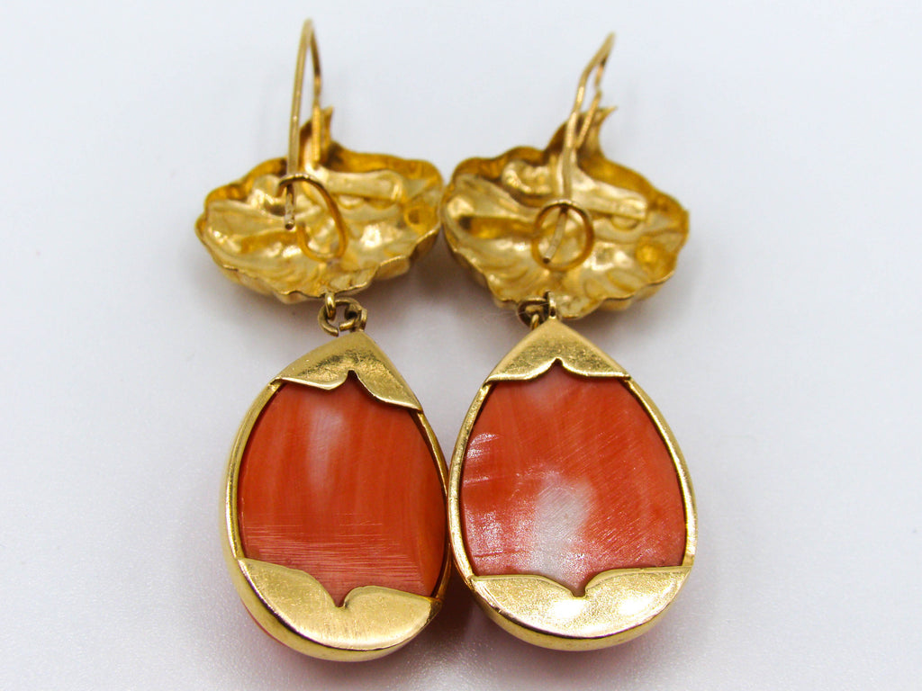 antique coral, natural coral, undyed coral, dark orange coral, Italian coral, pacific coral, Sardinian Coral, sea coral, Mediterranean coral, Mediterranean orange, handcarved coral, orange coral, 18 karat gold, coral earrings, coral cameo