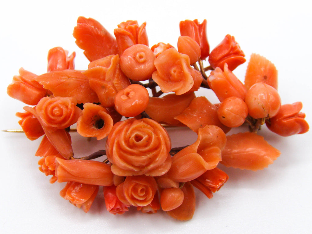antique coral, natural coral, undyed coral, salmon coral, Italian coral, pacific coral, Sardinian Coral, sea coral, Mediterranean coral, Mediterranean brooch, Mediterranean salmon, handcarved coral, coral brooch, 14 karat gold, salmon brooch