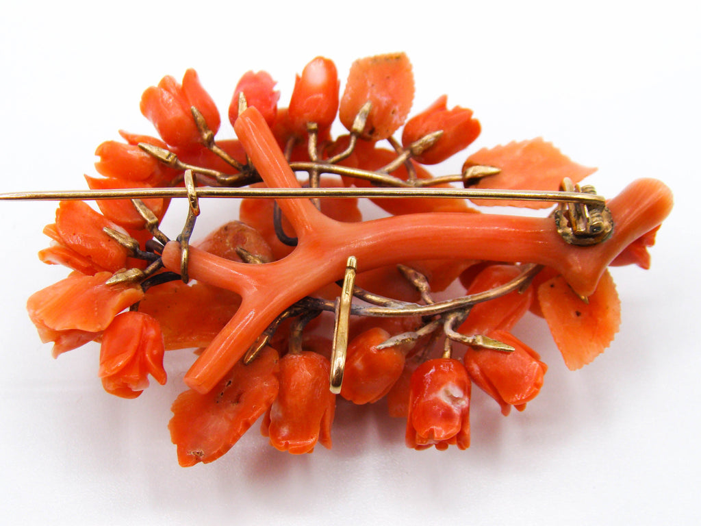 antique coral, natural coral, undyed coral, salmon coral, Italian coral, pacific coral, Sardinian Coral, sea coral, Mediterranean coral, Mediterranean brooch, Mediterranean salmon, handcarved coral, coral brooch, 14 karat gold, salmon brooch