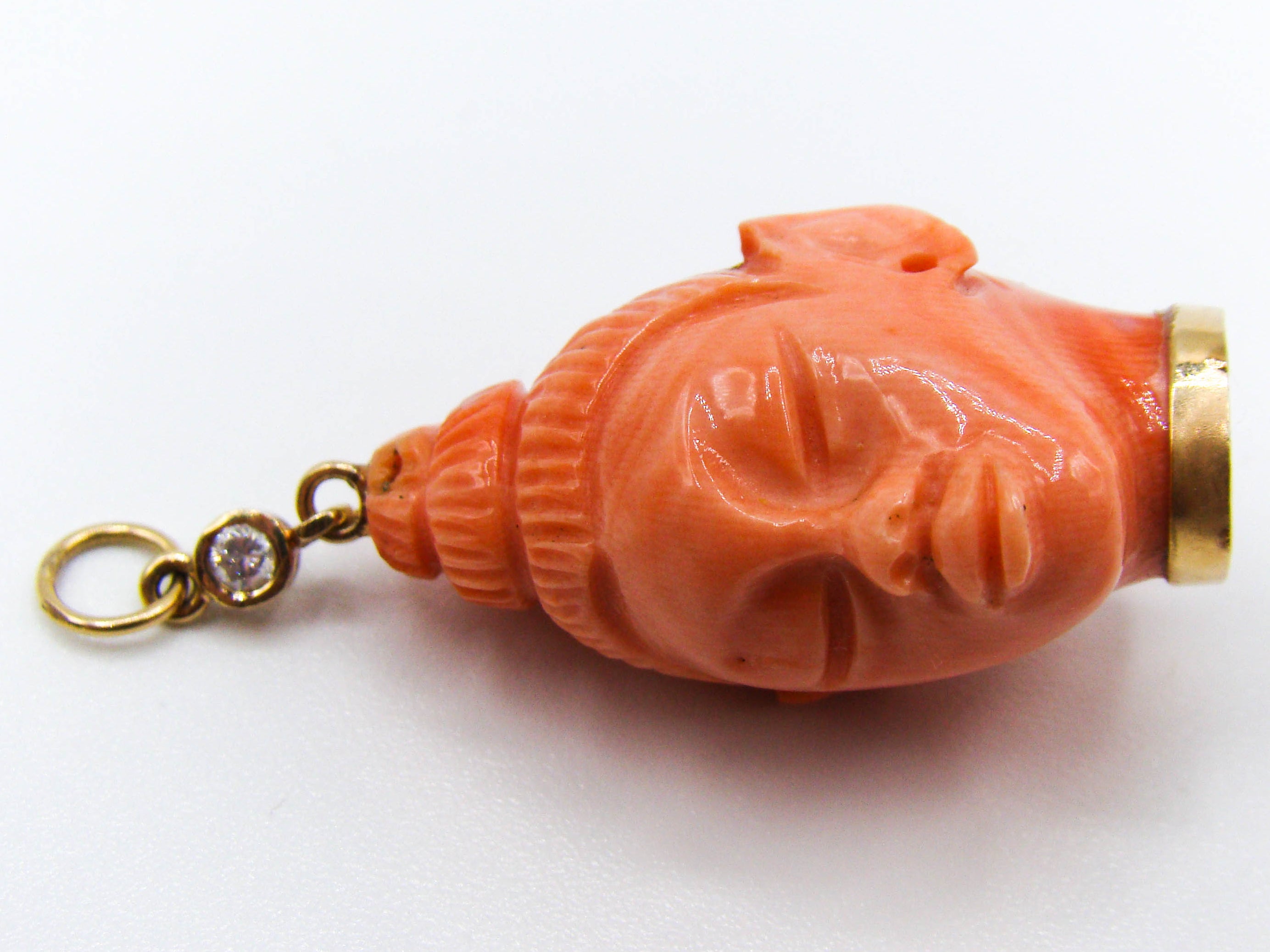 antique coral, natural coral, undyed coral, dark salmon coral, Italian coral, pacific coral, Sardinian Coral, sea coral, Mediterranean pendant, Mediterranean coral, coral pendant, handcarved coral, 14 karat gold, Diamond, salmon pendant