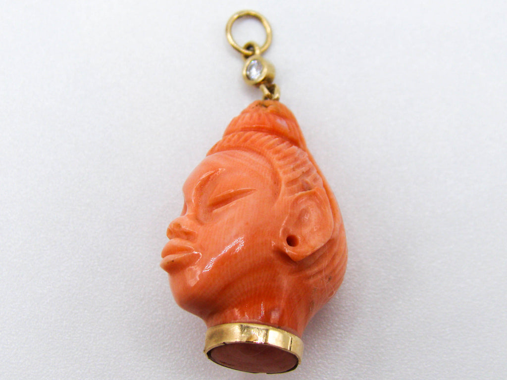 antique coral, natural coral, undyed coral, dark salmon coral, Italian coral, pacific coral, Sardinian Coral, sea coral, Mediterranean pendant, Mediterranean coral, coral pendant, handcarved coral, 14 karat gold, Diamond, salmon pendant