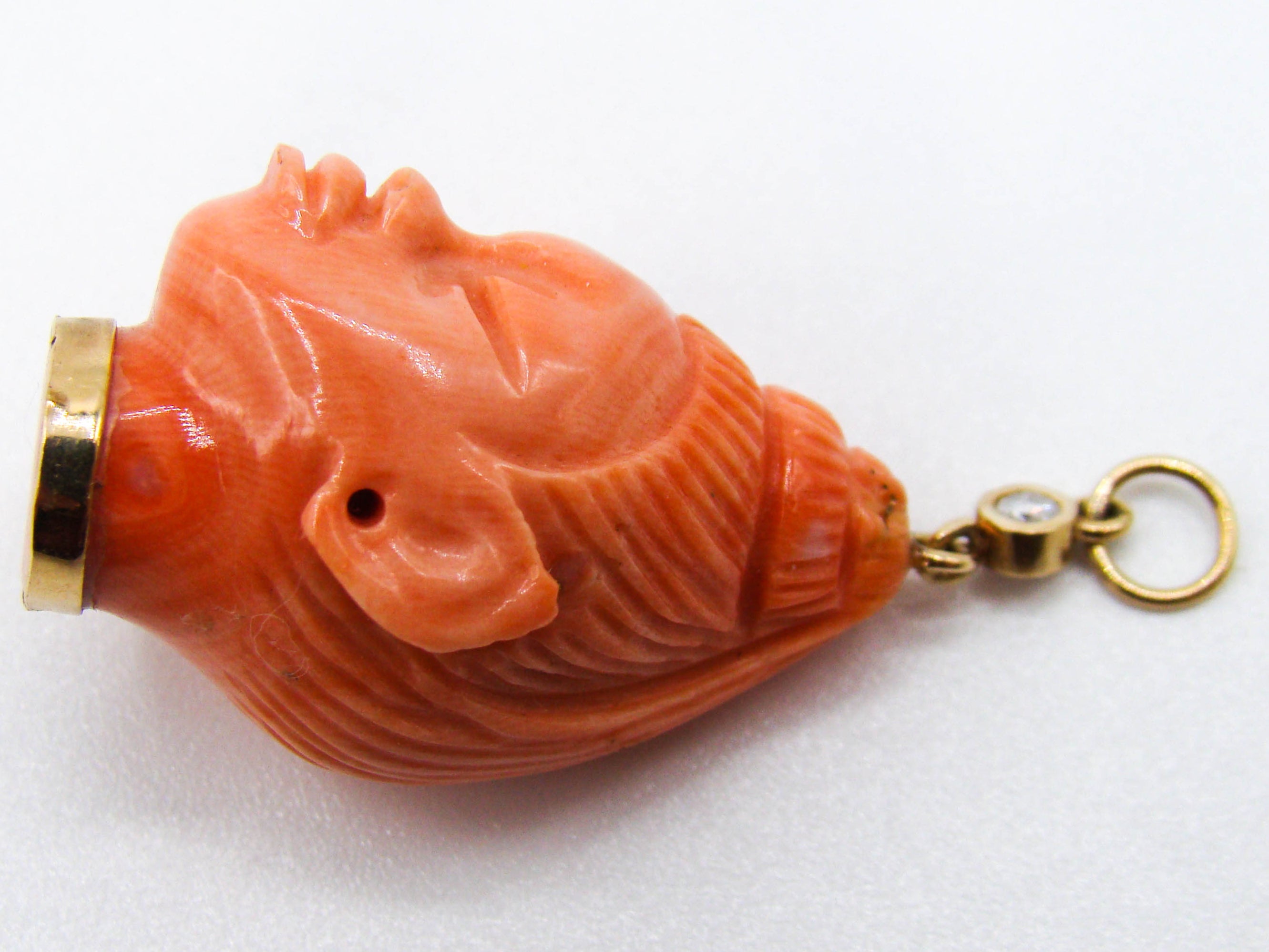 antique coral, natural coral, undyed coral, dark salmon coral, Italian coral, pacific coral, Sardinian Coral, sea coral, Mediterranean pendant, Mediterranean coral, coral pendant, handcarved coral, 14 karat gold, Diamond, salmon pendant