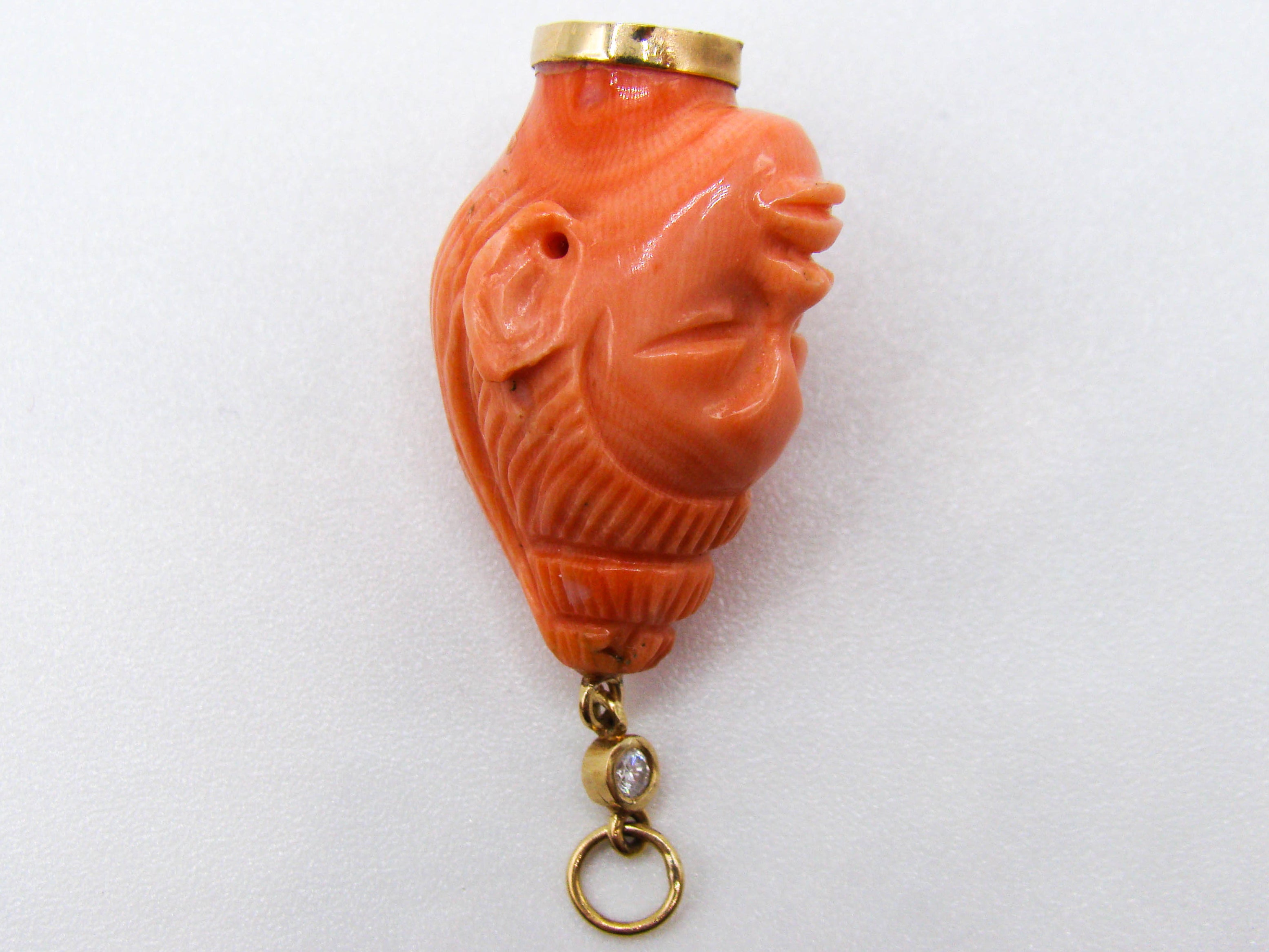 antique coral, natural coral, undyed coral, dark salmon coral, Italian coral, pacific coral, Sardinian Coral, sea coral, Mediterranean pendant, Mediterranean coral, coral pendant, handcarved coral, 14 karat gold, Diamond, salmon pendant