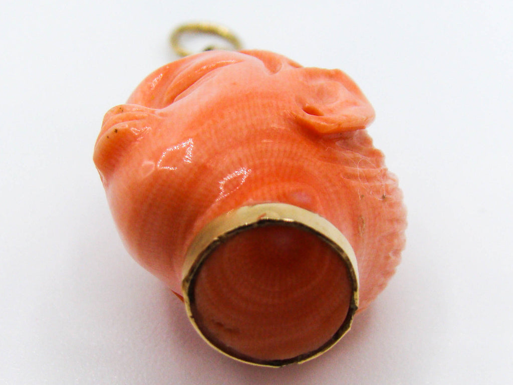antique coral, natural coral, undyed coral, dark salmon coral, Italian coral, pacific coral, Sardinian Coral, sea coral, Mediterranean pendant, Mediterranean coral, coral pendant, handcarved coral, 14 karat gold, Diamond, salmon pendant