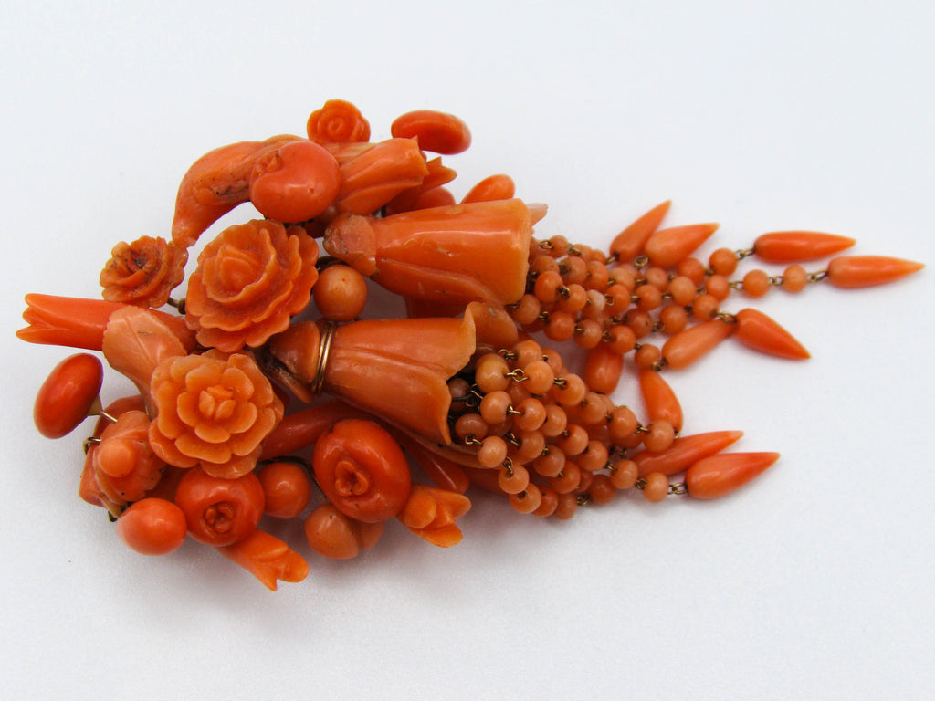 antique coral, natural coral, undyed coral, salmon coral, Italian coral, pacific coral, Sardinian Coral, sea coral, Mediterranean coral, Mediterranean brooch, Mediterranean salmon, handcarved coral, coral brooch, 14 karat gold, salmon brooch