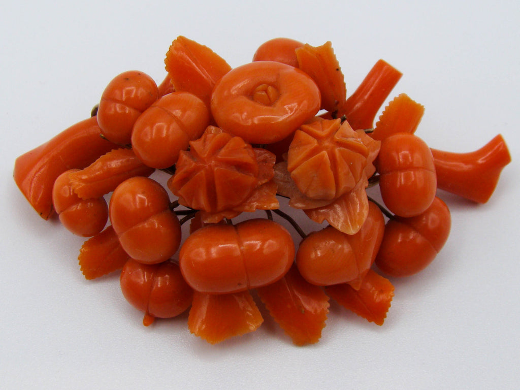 antique coral, natural coral, undyed coral, dark orange coral, Italian coral, pacific coral, Sardinian Coral, sea coral, Mediterranean coral, Mediterranean brooch, Mediterranean orange, coral brooch, handcarved coral, 14 karat gold