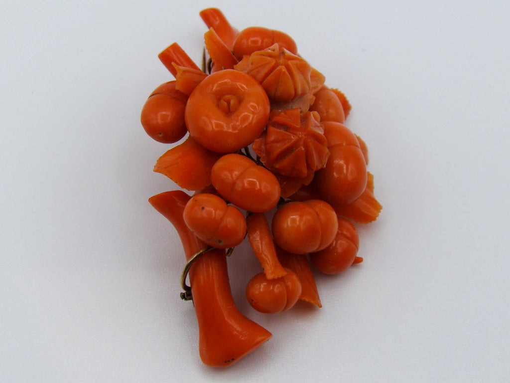 antique coral, natural coral, undyed coral, dark orange coral, Italian coral, pacific coral, Sardinian Coral, sea coral, Mediterranean coral, Mediterranean brooch, Mediterranean orange, coral brooch, handcarved coral, 14 karat gold