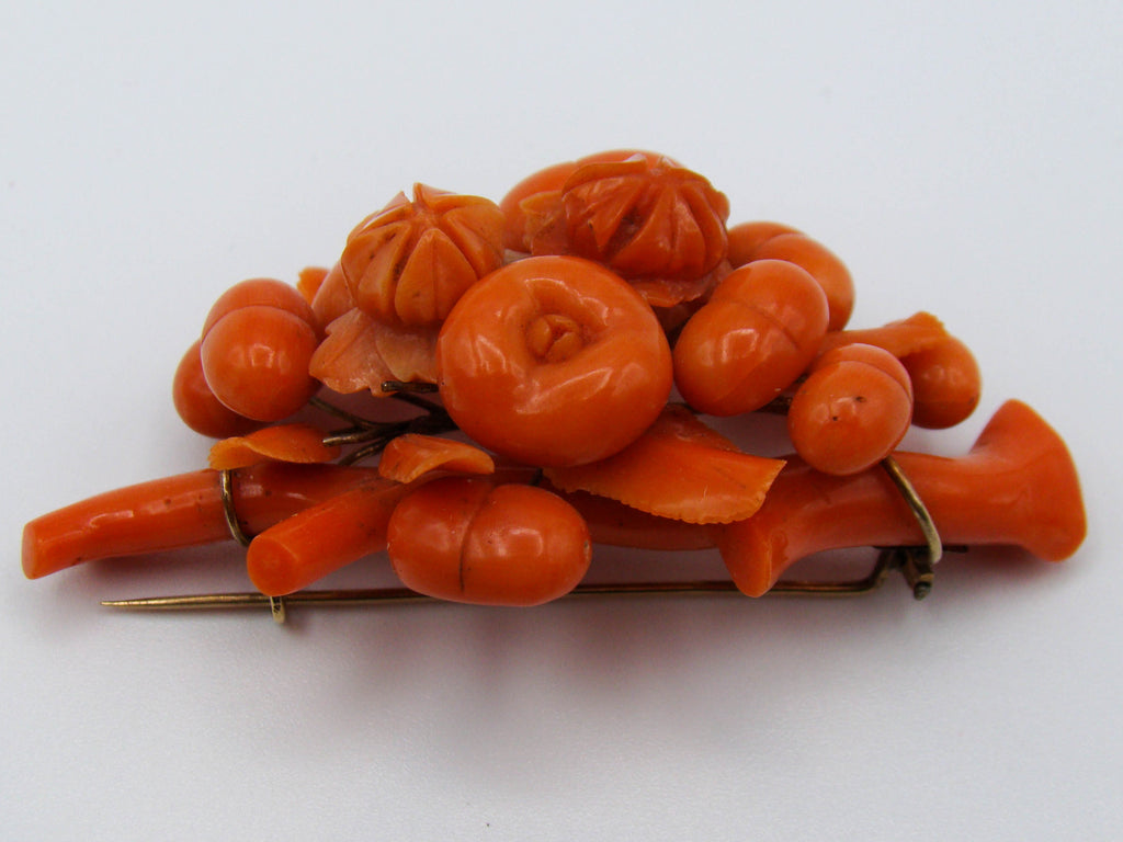 antique coral, natural coral, undyed coral, dark orange coral, Italian coral, pacific coral, Sardinian Coral, sea coral, Mediterranean coral, Mediterranean brooch, Mediterranean orange, coral brooch, handcarved coral, 14 karat gold