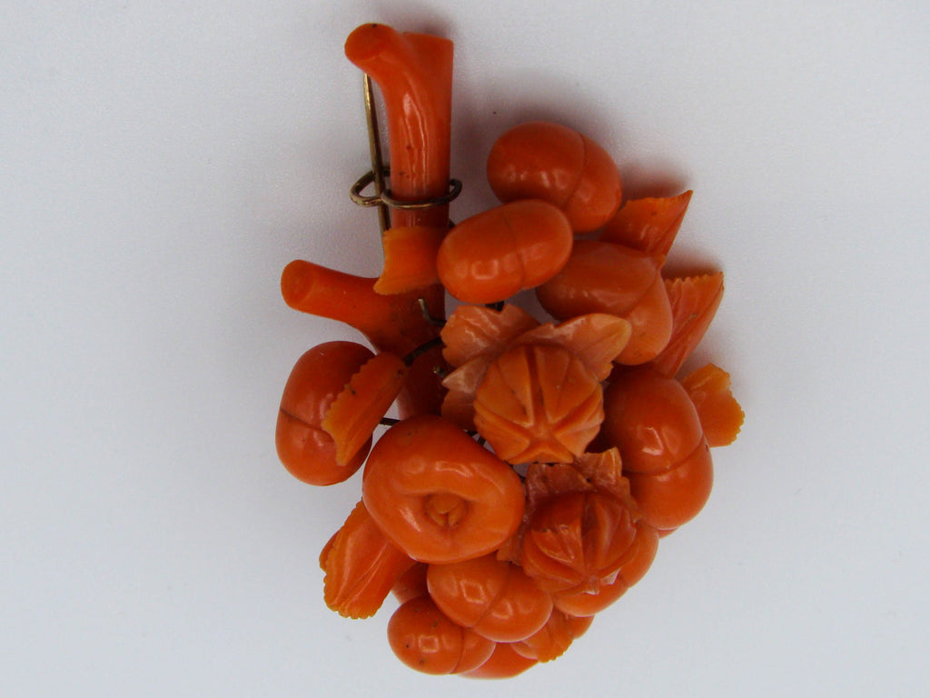 antique coral, natural coral, undyed coral, dark orange coral, Italian coral, pacific coral, Sardinian Coral, sea coral, Mediterranean coral, Mediterranean brooch, Mediterranean orange, coral brooch, handcarved coral, 14 karat gold