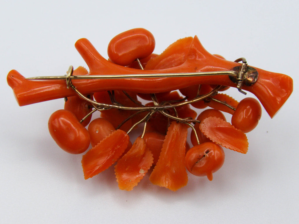 antique coral, natural coral, undyed coral, dark orange coral, Italian coral, pacific coral, Sardinian Coral, sea coral, Mediterranean coral, Mediterranean brooch, Mediterranean orange, coral brooch, handcarved coral, 14 karat gold