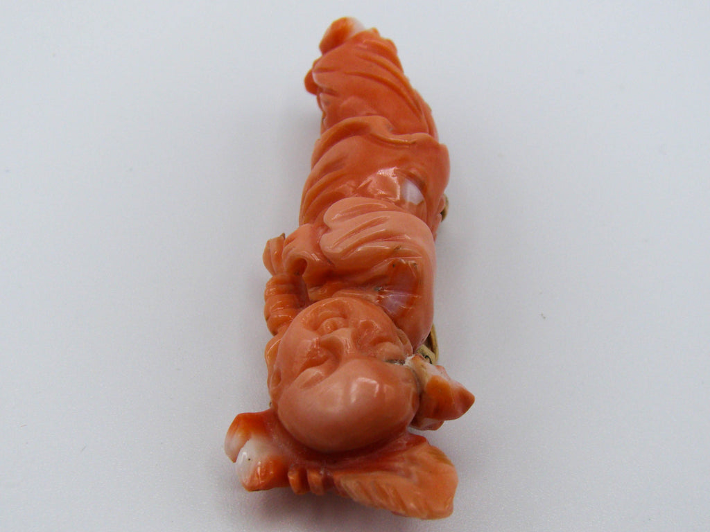 antique coral, natural coral, undyed coral, momo salmon coral, Italian coral, pacific coral, Sardinian Coral, sea coral, Mediterranean coral, Mediterranean brooch, coral brooch, Mediterranean momo coral, handcarved coral, momo coral, 14 karat Gold, salmon coral
