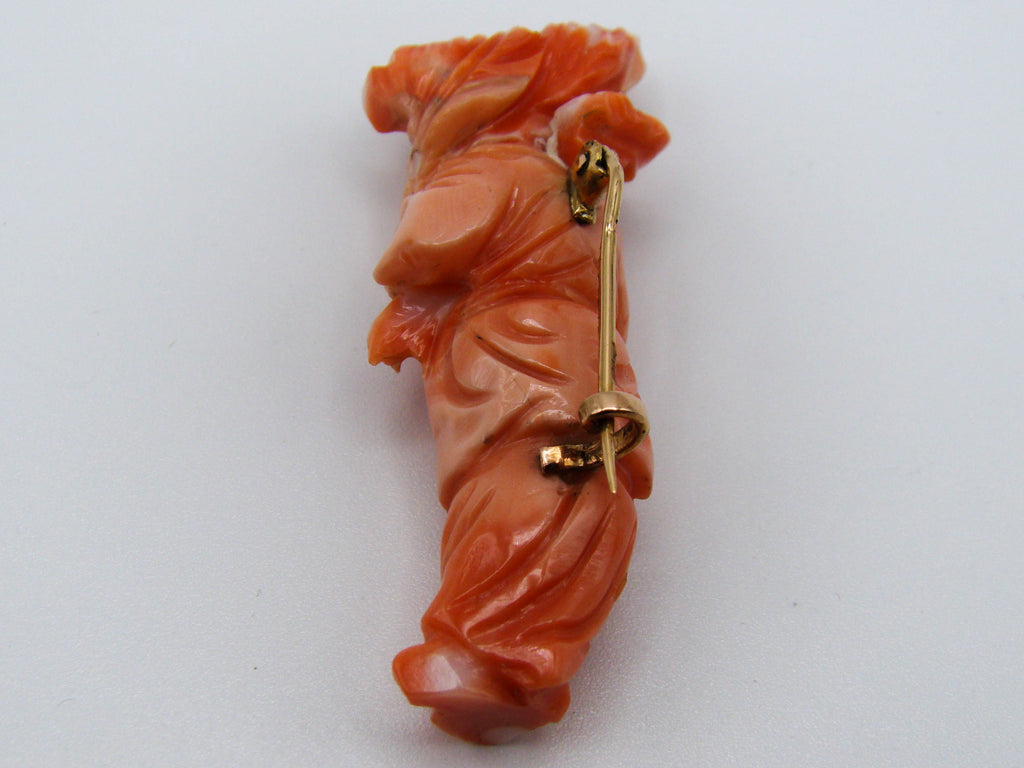 antique coral, natural coral, undyed coral, momo salmon coral, Italian coral, pacific coral, Sardinian Coral, sea coral, Mediterranean coral, Mediterranean brooch, coral brooch, Mediterranean momo coral, handcarved coral, momo coral, 14 karat Gold, salmon coral