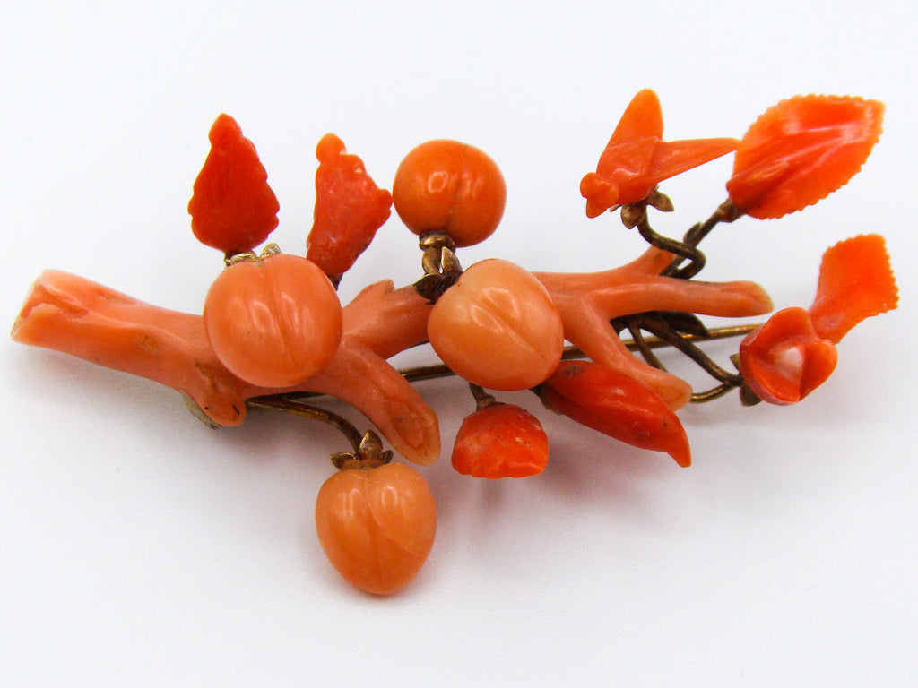 antique coral, natural coral, undyed coral, salmon coral, Italian coral, pacific coral, Sardinian Coral, sea coral, Mediterranean coral, Mediterranean brooch, Mediterranean salmon, handcarved coral, coral brooch, 14 karat gold, salmon brooch