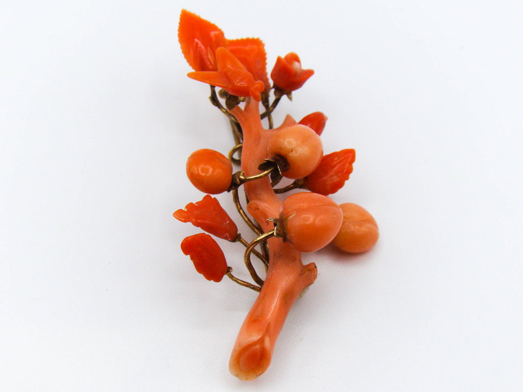 antique coral, natural coral, undyed coral, salmon coral, Italian coral, pacific coral, Sardinian Coral, sea coral, Mediterranean coral, Mediterranean brooch, Mediterranean salmon, handcarved coral, coral brooch, 14 karat gold, salmon brooch