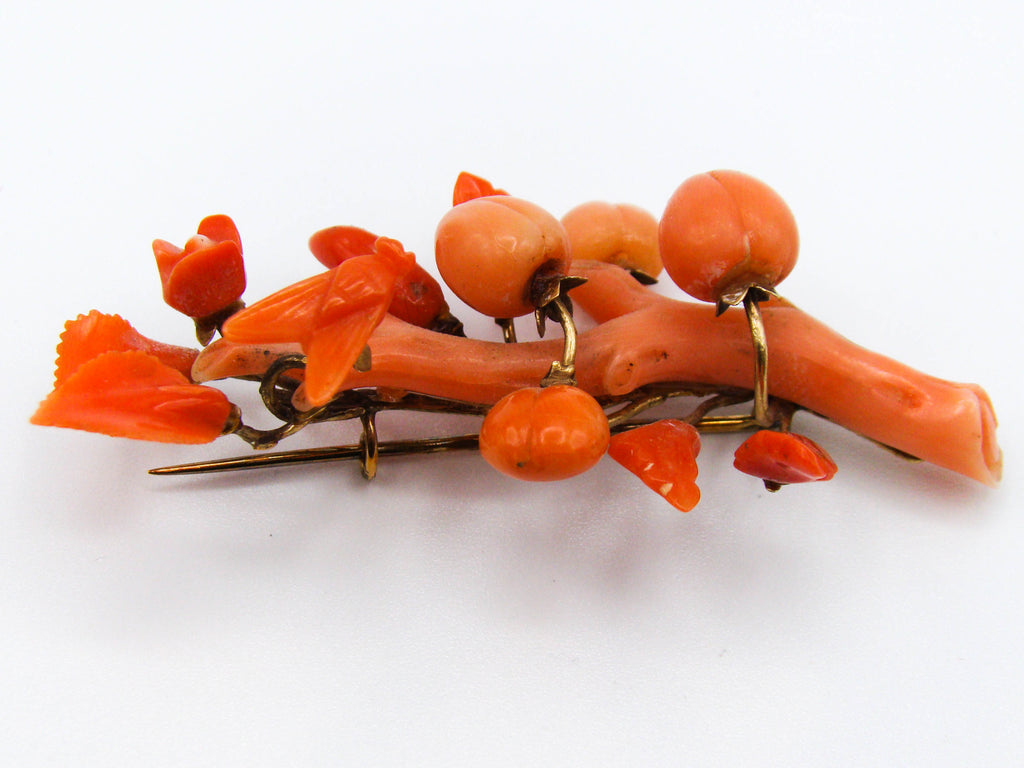 antique coral, natural coral, undyed coral, salmon coral, Italian coral, pacific coral, Sardinian Coral, sea coral, Mediterranean coral, Mediterranean brooch, Mediterranean salmon, handcarved coral, coral brooch, 14 karat gold, salmon brooch