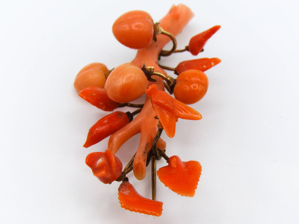 antique coral, natural coral, undyed coral, salmon coral, Italian coral, pacific coral, Sardinian Coral, sea coral, Mediterranean coral, Mediterranean brooch, Mediterranean salmon, handcarved coral, coral brooch, 14 karat gold, salmon brooch