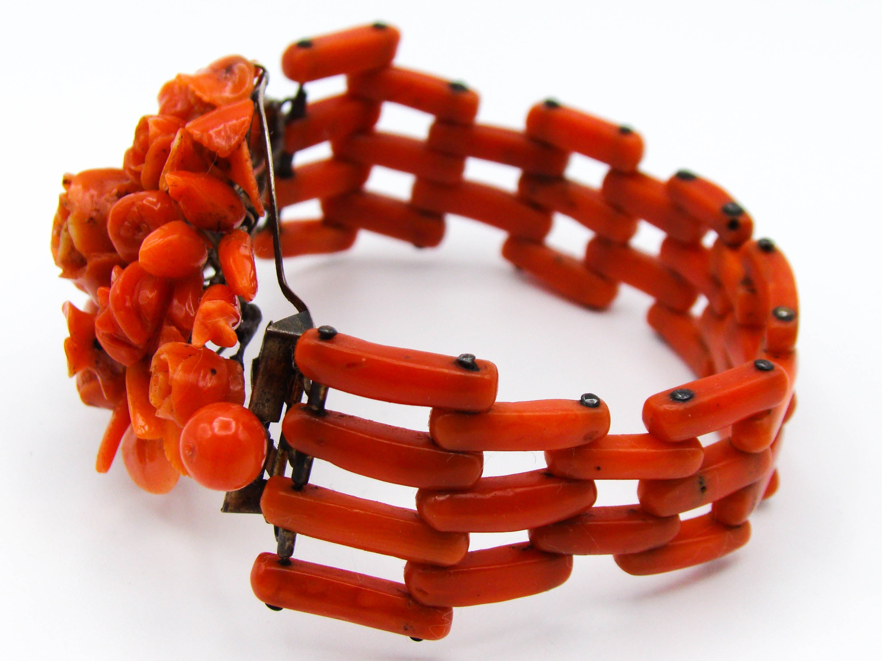 antique coral, natural coral, undyed coral, dark red coral, blood red coral, Italian coral, pacific coral, Sardinian Coral, red coral, sea coral, Mediterranean coral, Mediterranean bracelet, coral bracelet, handcarved, sterling silver