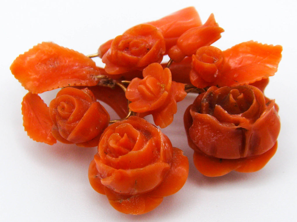 antique coral, natural coral, undyed coral, dark orange coral, Italian coral, pacific coral, Sardinian Coral, sea coral, Mediterranean coral, Mediterranean brooch, Mediterranean orange, coral brooch, handcarved coral, 14 karat gold