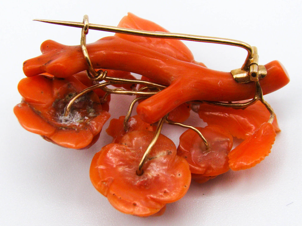 antique coral, natural coral, undyed coral, dark orange coral, Italian coral, pacific coral, Sardinian Coral, sea coral, Mediterranean coral, Mediterranean brooch, Mediterranean orange, coral brooch, handcarved coral, 14 karat gold
