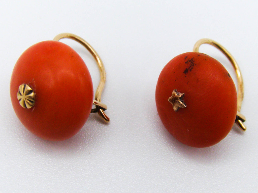 antique coral, natural coral, undyed coral, coral earrings, dark red coral, blood red coral, Italian coral, pacific coral, Sardinian Coral, red coral, sea coral, Mediterranean coral, Mediterranean earrings, coral beads, handcarved, aka red, 14 karat gold
