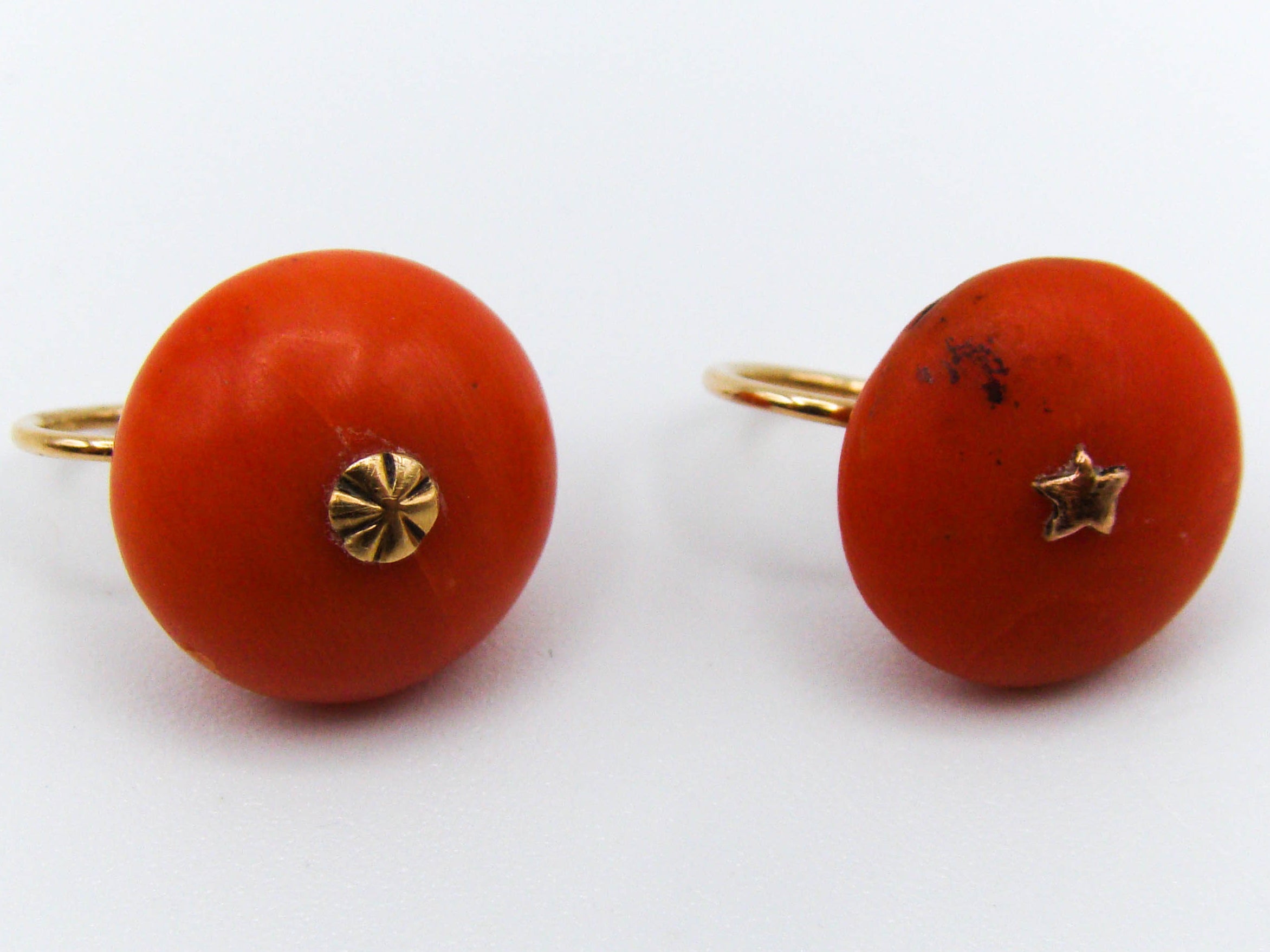 antique coral, natural coral, undyed coral, coral earrings, dark red coral, blood red coral, Italian coral, pacific coral, Sardinian Coral, red coral, sea coral, Mediterranean coral, Mediterranean earrings, coral beads, handcarved, aka red, 14 karat gold