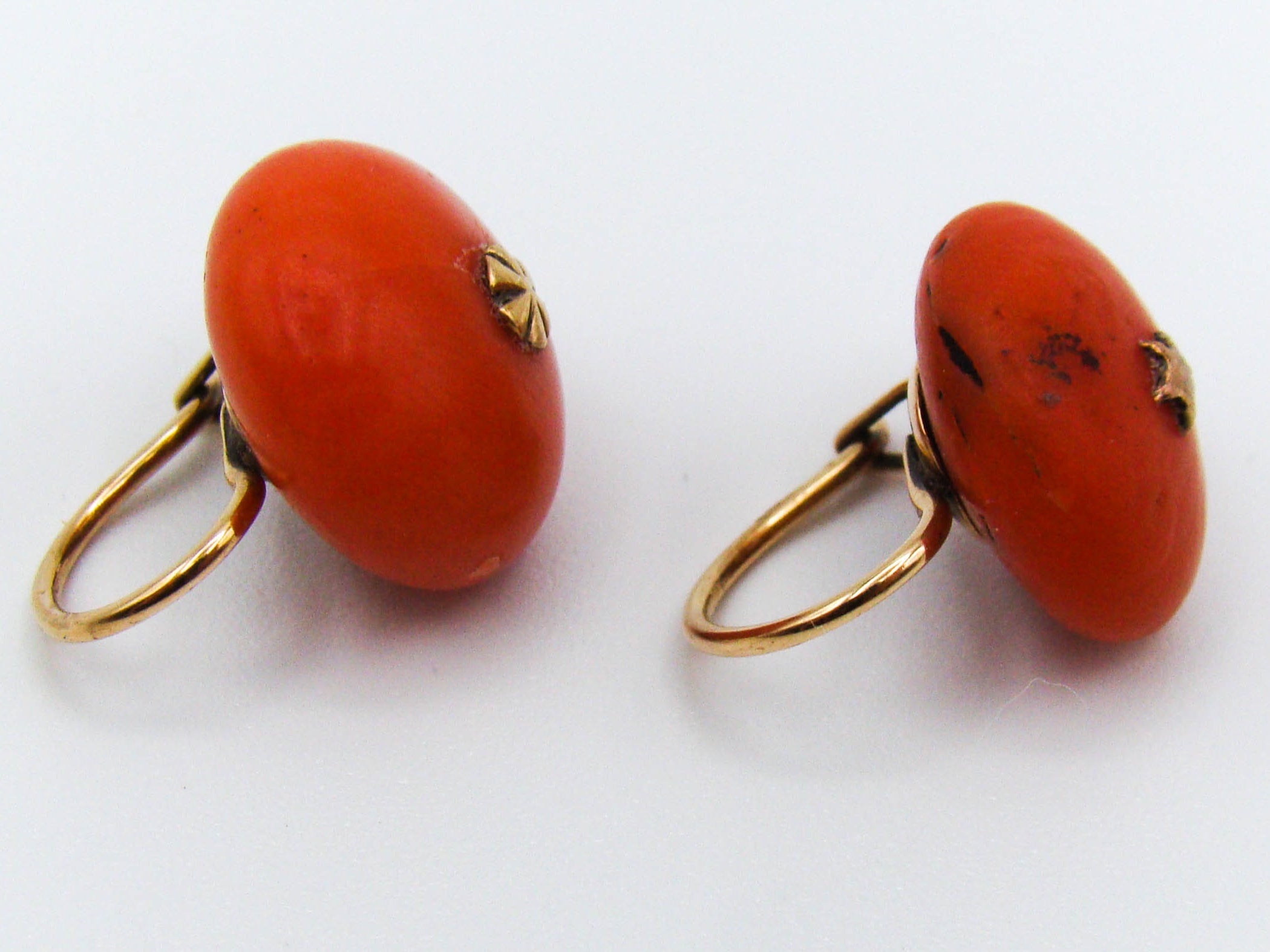 antique coral, natural coral, undyed coral, coral earrings, dark red coral, blood red coral, Italian coral, pacific coral, Sardinian Coral, red coral, sea coral, Mediterranean coral, Mediterranean earrings, coral beads, handcarved, aka red, 14 karat gold