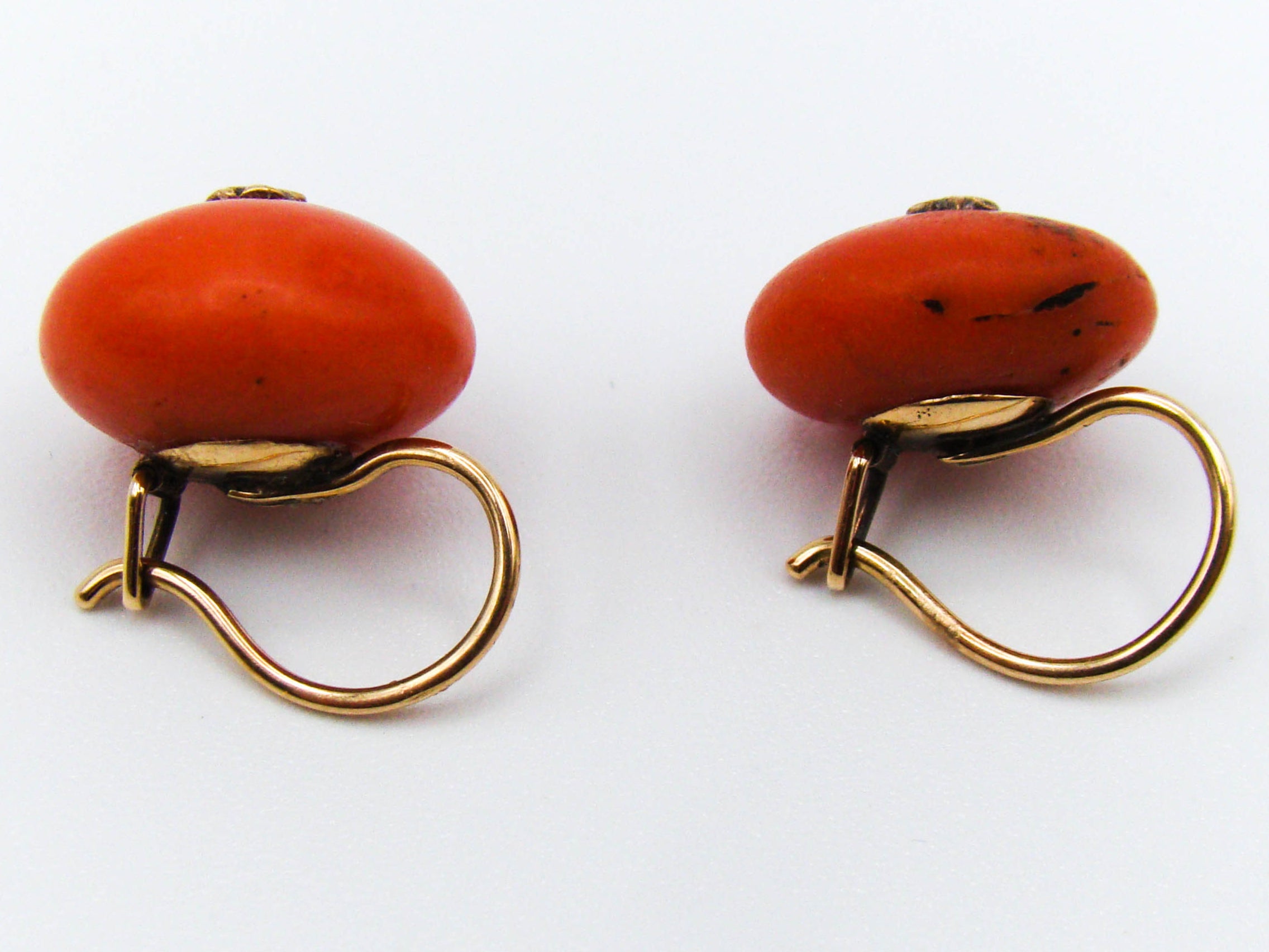 antique coral, natural coral, undyed coral, coral earrings, dark red coral, blood red coral, Italian coral, pacific coral, Sardinian Coral, red coral, sea coral, Mediterranean coral, Mediterranean earrings, coral beads, handcarved, aka red, 14 karat gold