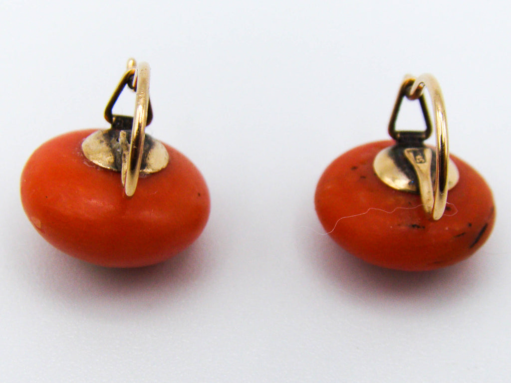 antique coral, natural coral, undyed coral, coral earrings, dark red coral, blood red coral, Italian coral, pacific coral, Sardinian Coral, red coral, sea coral, Mediterranean coral, Mediterranean earrings, coral beads, handcarved, aka red, 14 karat gold