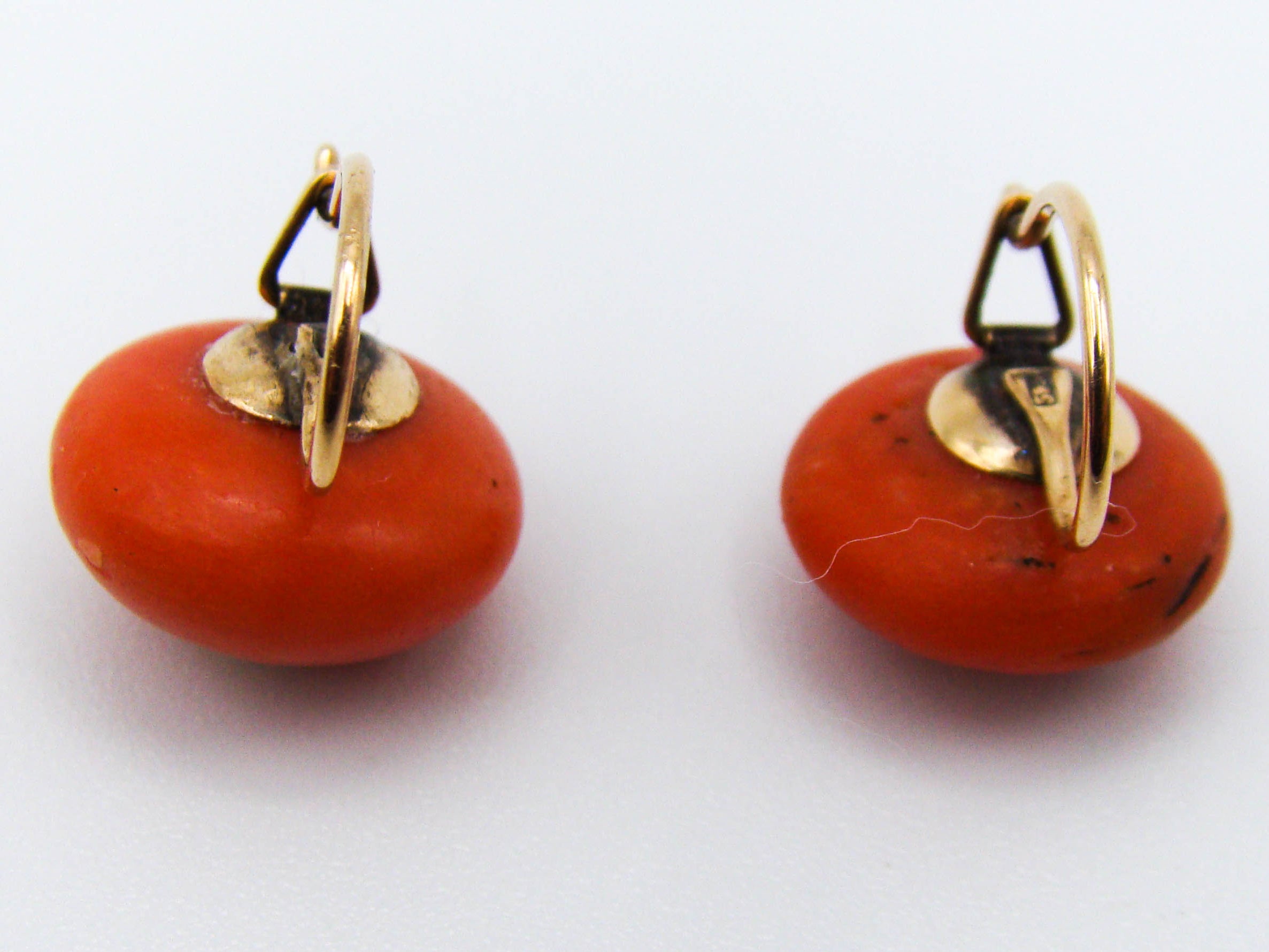 antique coral, natural coral, undyed coral, coral earrings, dark red coral, blood red coral, Italian coral, pacific coral, Sardinian Coral, red coral, sea coral, Mediterranean coral, Mediterranean earrings, coral beads, handcarved, aka red, 14 karat gold