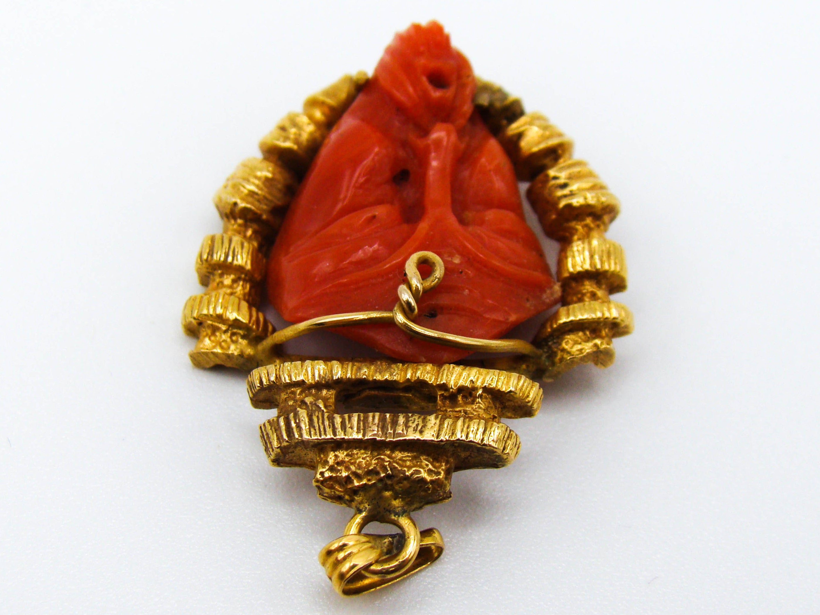 antique coral, natural coral, undyed coral, dark red coral, blood red coral, Italian coral, pacific coral, Sardinian Coral, red coral, sea coral, Mediterranean pendant, Mediterranean coral, handcarved, aka red, handcarved, 14 karat gold, coral pendant, aka red