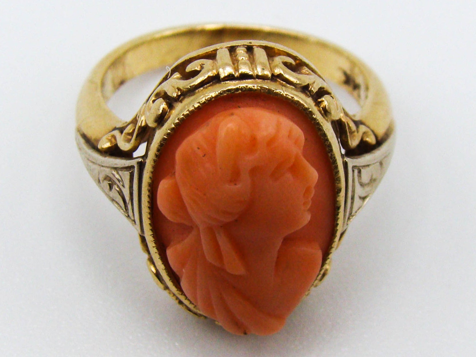 antique coral, natural coral, undyed coral, dark salmon coral, Italian coral, pacific coral, Sardinian Coral, sea coral, Mediterranean ring, Mediterranean coral, coral ring, handcarved coral, salmon ring, salmon cameo, 14 karat gold