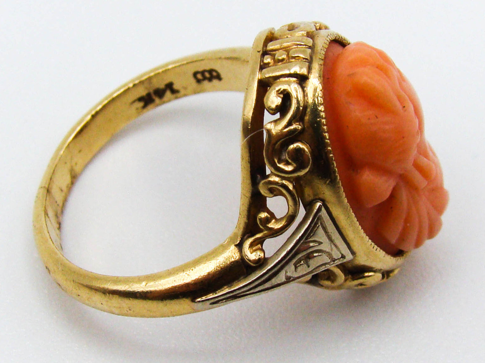 antique coral, natural coral, undyed coral, dark salmon coral, Italian coral, pacific coral, Sardinian Coral, sea coral, Mediterranean ring, Mediterranean coral, coral ring, handcarved coral, salmon ring, salmon cameo, 14 karat gold