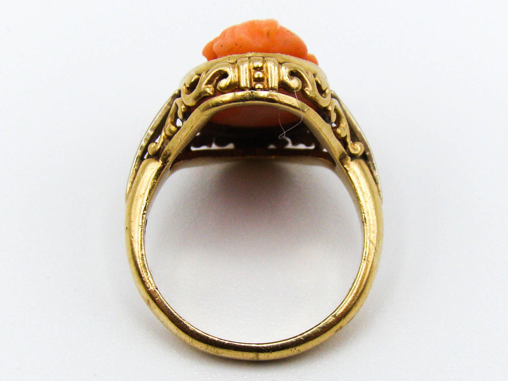 antique coral, natural coral, undyed coral, dark salmon coral, Italian coral, pacific coral, Sardinian Coral, sea coral, Mediterranean ring, Mediterranean coral, coral ring, handcarved coral, salmon ring, salmon cameo, 14 karat gold