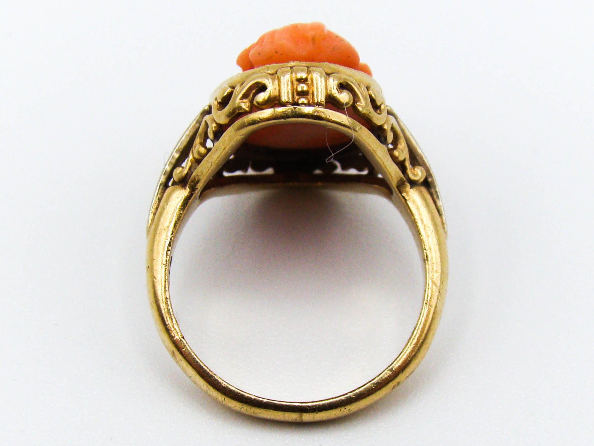 antique coral, natural coral, undyed coral, dark salmon coral, Italian coral, pacific coral, Sardinian Coral, sea coral, Mediterranean ring, Mediterranean coral, coral ring, handcarved coral, salmon ring, salmon cameo, 14 karat gold