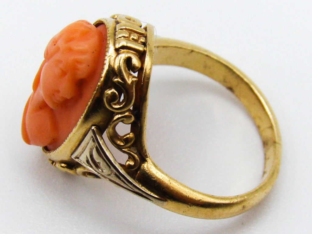 antique coral, natural coral, undyed coral, dark salmon coral, Italian coral, pacific coral, Sardinian Coral, sea coral, Mediterranean ring, Mediterranean coral, coral ring, handcarved coral, salmon ring, salmon cameo, 14 karat gold