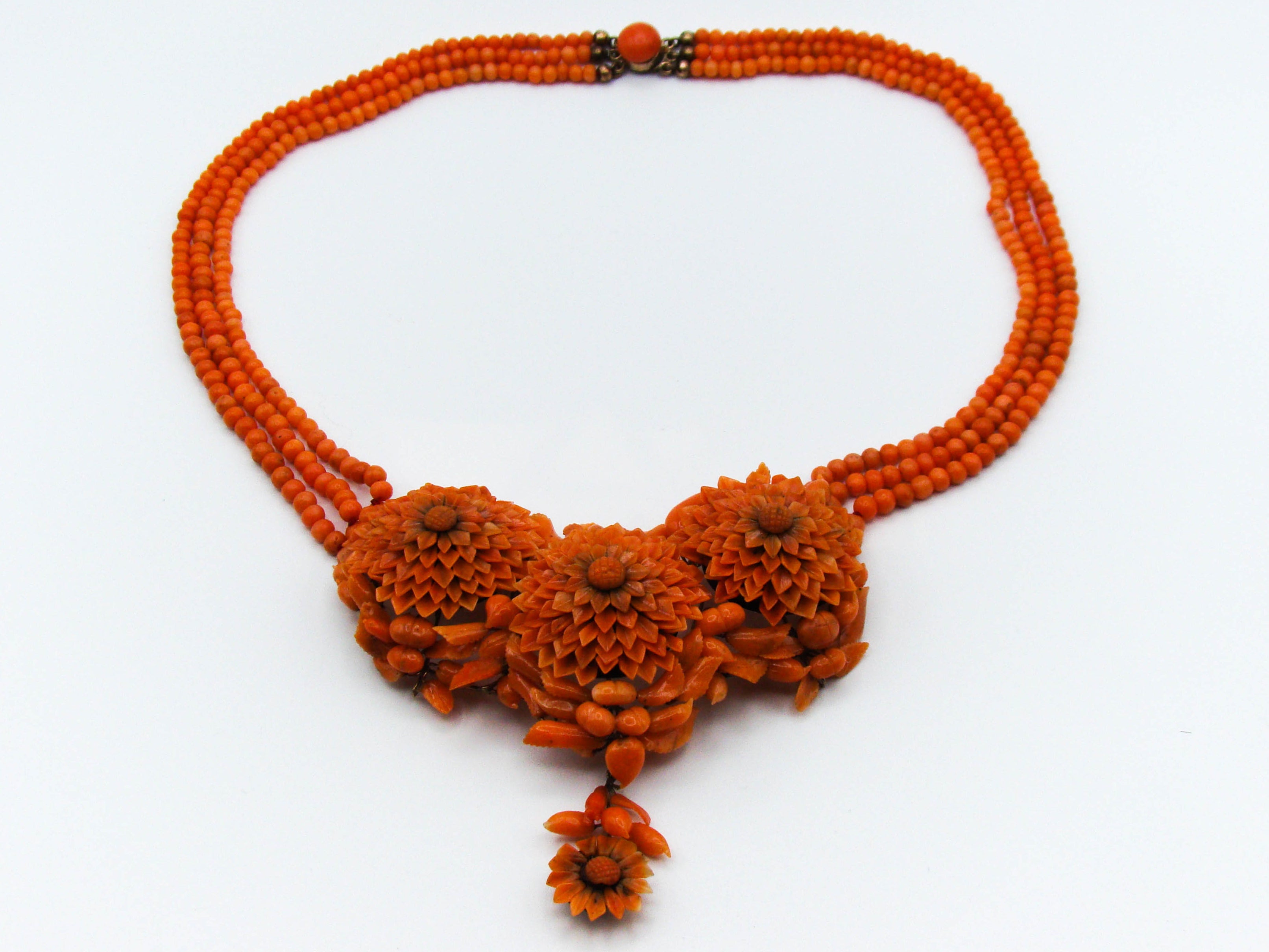 antique coral, natural coral, undyed coral, dark orange coral, Italian coral, pacific coral, Sardinian Coral, sea coral, Mediterranean coral, Mediterranean orange, handcarved coral, orange coral, 14 karat gold, coral necklace, coral pendant, coral earrings, coral bracelet, coral brooch, in original box