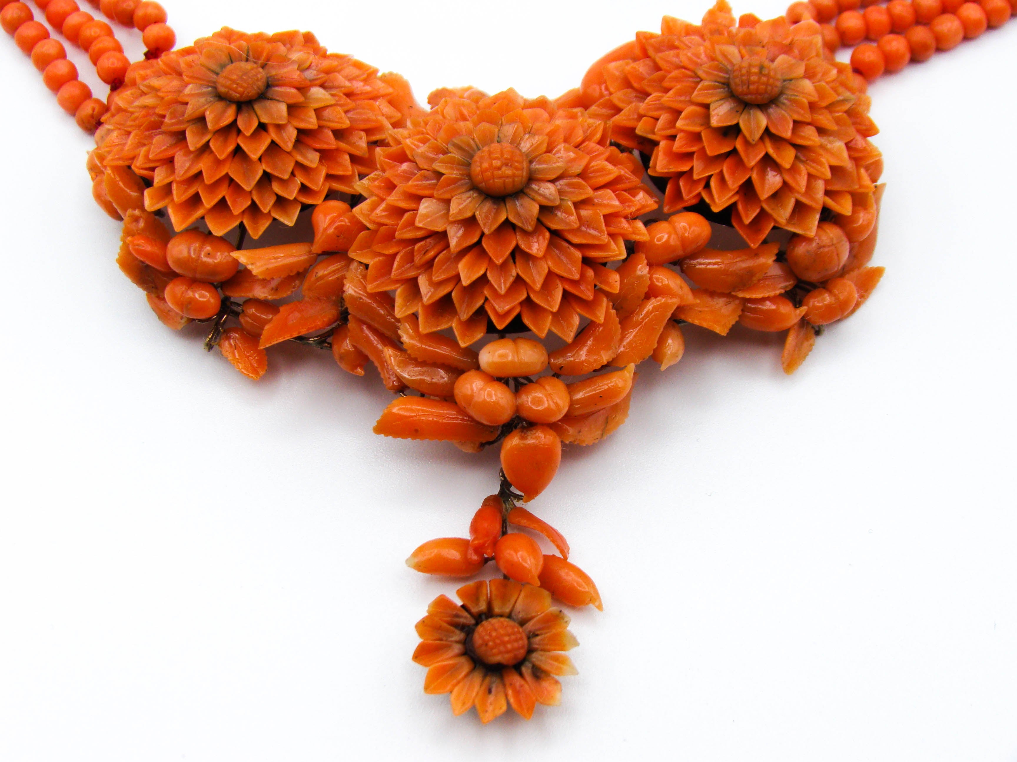antique coral, natural coral, undyed coral, dark orange coral, Italian coral, pacific coral, Sardinian Coral, sea coral, Mediterranean coral, Mediterranean orange, handcarved coral, orange coral, 14 karat gold, coral necklace, coral pendant, coral earrings, coral bracelet, coral brooch, in original box