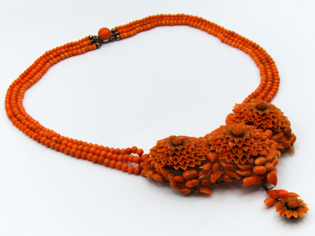 antique coral, natural coral, undyed coral, dark orange coral, Italian coral, pacific coral, Sardinian Coral, sea coral, Mediterranean coral, Mediterranean orange, handcarved coral, orange coral, 14 karat gold, coral necklace, coral pendant, coral earrings, coral bracelet, coral brooch, in original box