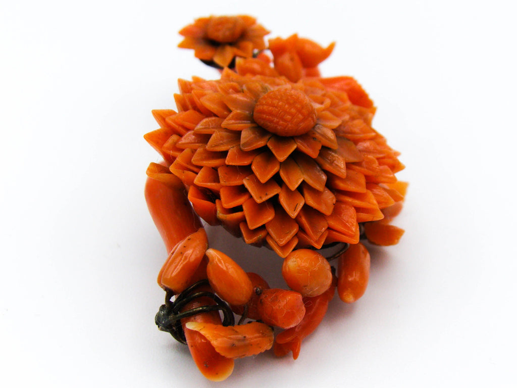 antique coral, natural coral, undyed coral, dark orange coral, Italian coral, pacific coral, Sardinian Coral, sea coral, Mediterranean coral, Mediterranean orange, handcarved coral, orange coral, 14 karat gold, coral necklace, coral pendant, coral earrings, coral bracelet, coral brooch, in original box