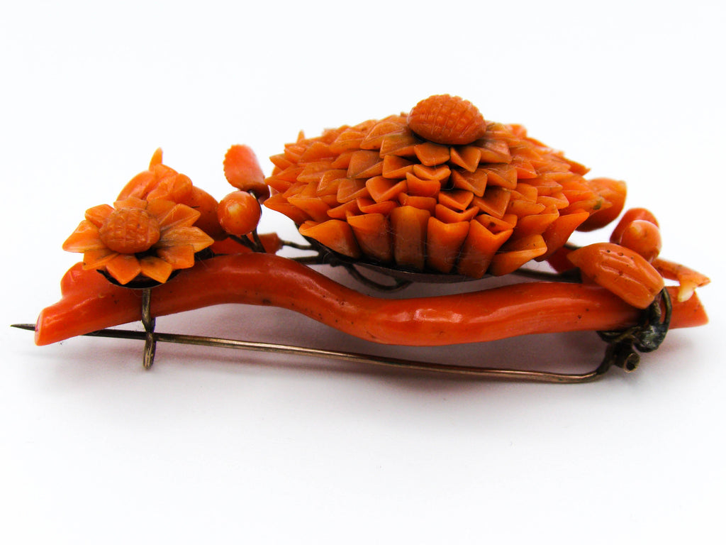 antique coral, natural coral, undyed coral, dark orange coral, Italian coral, pacific coral, Sardinian Coral, sea coral, Mediterranean coral, Mediterranean orange, handcarved coral, orange coral, 14 karat gold, coral necklace, coral pendant, coral earrings, coral bracelet, coral brooch, in original box